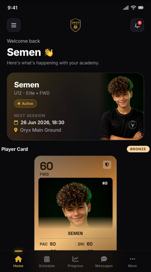 ORYX parents' app — player dashboard